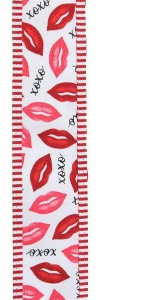 2.5" Lips XOXO Thin Stripe Ribbon: White (10 Yard) - Michelle's aDOORable Creations - Wired Edge Ribbon
