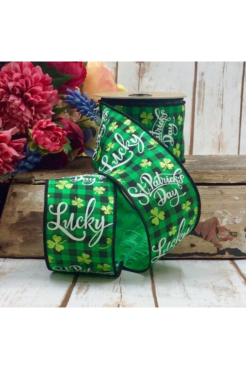 2.5" Lucky Gingham Shamrock Ribbon: Green (10 Yards) - Michelle's aDOORable Creations - Wired Edge Ribbon