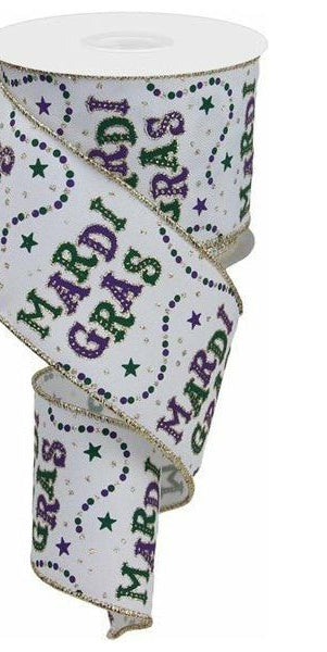 2.5" Mardi Gras Beads Ribbon: White (10 Yards) - Michelle's aDOORable Creations - Wired Edge Ribbon