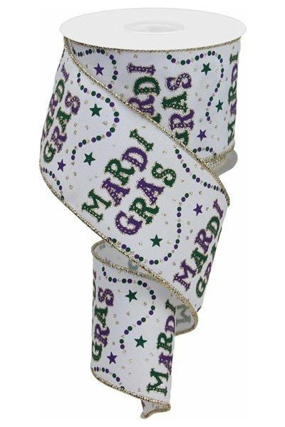 2.5" Mardi Gras Beads Ribbon: White (10 Yards) - Michelle's aDOORable Creations - Wired Edge Ribbon