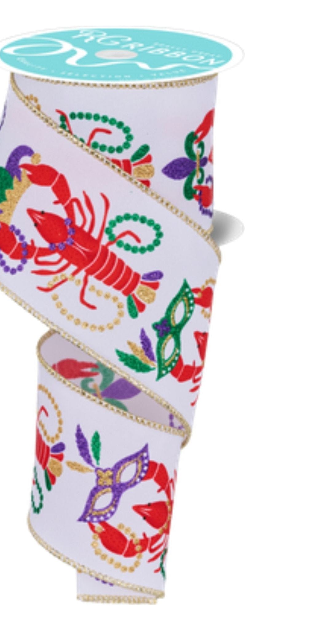 2.5" Mardi Gras Crawfish Ribbon: White (10 Yards) - Michelle's aDOORable Creations - Wired Edge Ribbon