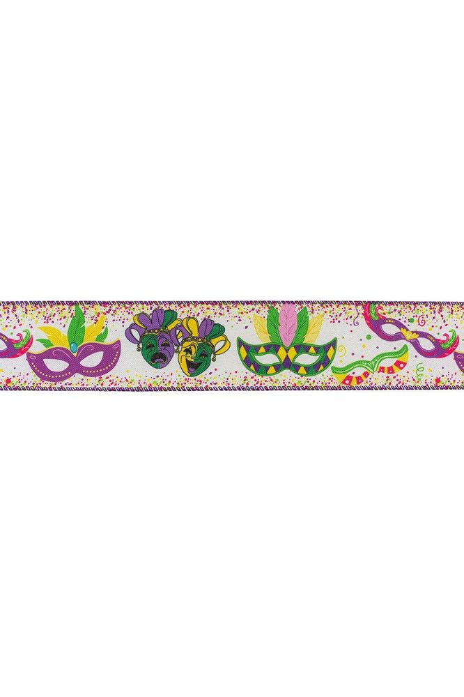 2.5" Mardi Gras Masks Linen Ribbon: Multi (10 Yards) - Michelle's aDOORable Creations - Wired Edge Ribbon