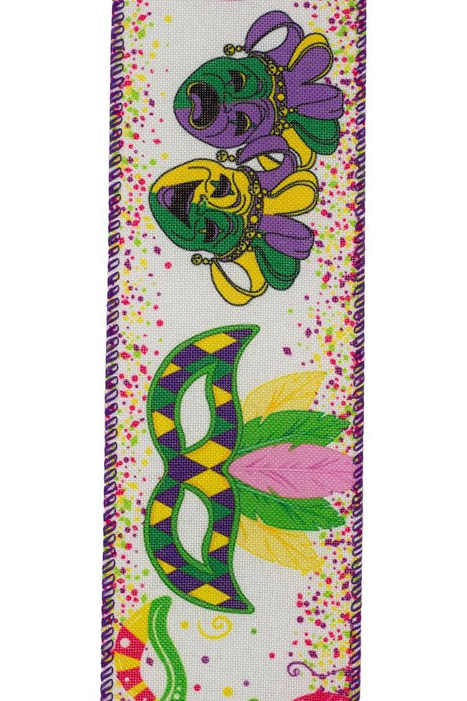 2.5" Mardi Gras Masks Linen Ribbon: Multi (10 Yards) - Michelle's aDOORable Creations - Wired Edge Ribbon