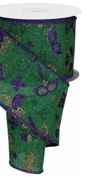 2.5" Mardi Gras Pattern Ribbon: Emerald Green (10 Yards) - Michelle's aDOORable Creations - Wired Edge Ribbon