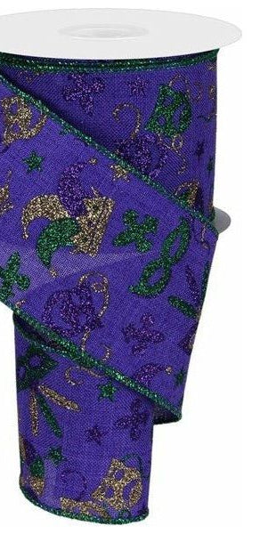 2.5" Mardi Gras Pattern Ribbon: Purple (10 Yards) - Michelle's aDOORable Creations - Wired Edge Ribbon