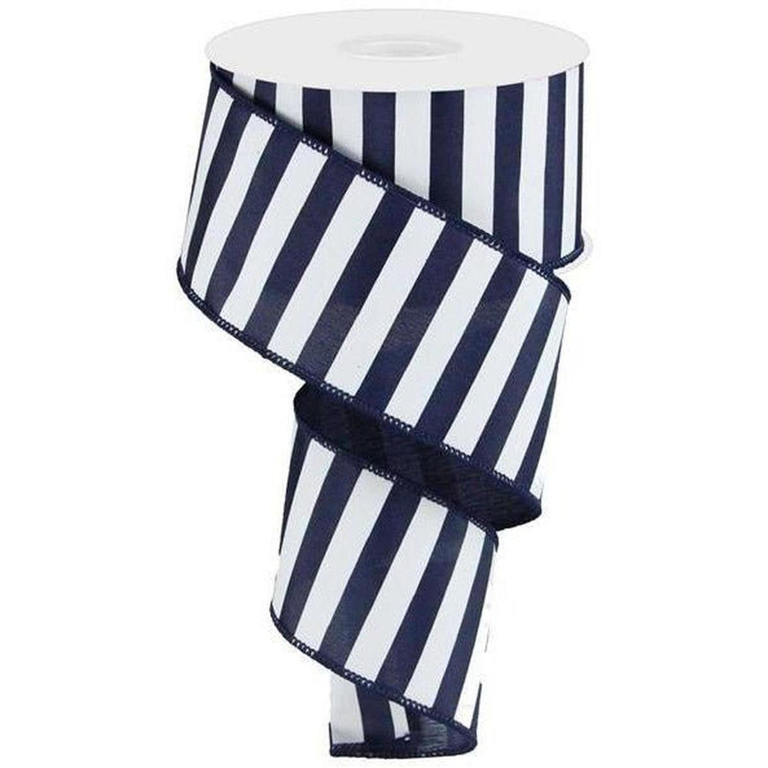 2.5" Medium Horizontal Stripe Ribbon: Navy Blue & White (10 Yards)