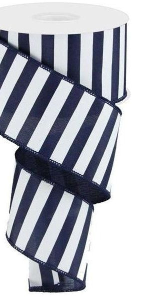 2.5" Medium Horizontal Stripe Ribbon: Navy Blue & White (10 Yards) - Michelle's aDOORable Creations - Wired Edge Ribbon