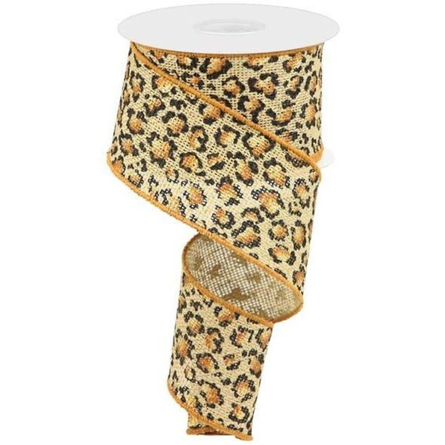 2.5" Metallic Leopard Print Burlap Ribbon: Natural (10 Yards)