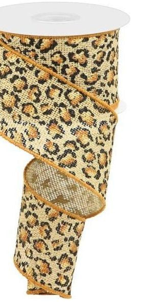 2.5" Metallic Leopard Print Burlap Ribbon: Natural (10 Yards) - Michelle's aDOORable Creations - Wired Edge Ribbon
