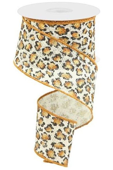 2.5" Metallic Leopard Print Burlap Ribbon: Off White (10 Yards) - Michelle's aDOORable Creations - Wired Edge Ribbon