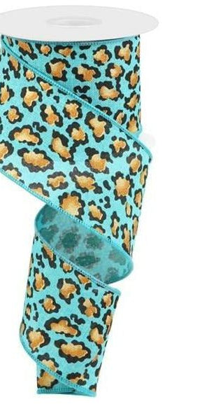 2.5" Metallic Leopard Print Ribbon: Teal (10 Yards) - Michelle's aDOORable Creations - Wired Edge Ribbon