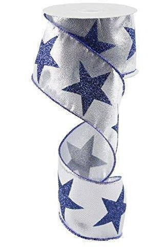 2.5" Metallic Star Ribbon: Silver & Navy (10 Yards) - Michelle's aDOORable Creations - Wired Edge Ribbon