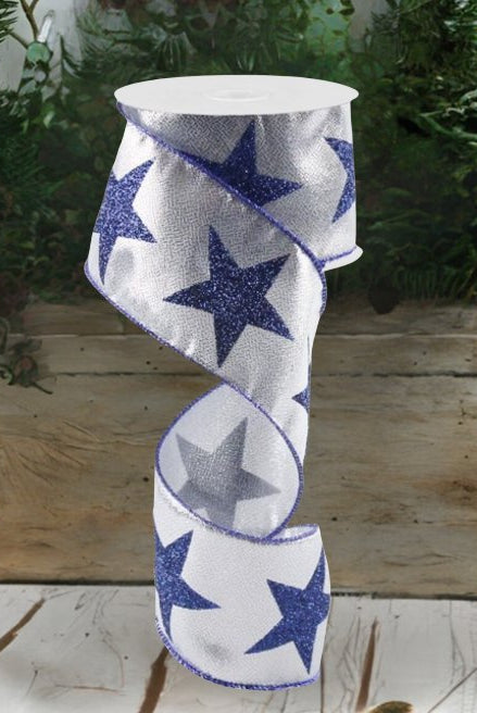 2.5" Metallic Star Ribbon: Silver & Navy (10 Yards) - Michelle's aDOORable Creations - Wired Edge Ribbon