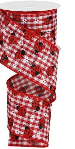 2.5" Mini Ladybug on Royal Ribbon: Red Gingham (10 Yards) - Michelle's aDOORable Creations - Wired Edge Ribbon