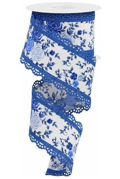 2.5" Mini Roses and Lace Ribbon: Blue (10 Yards) - Michelle's aDOORable Creations - Wired Edge Ribbon