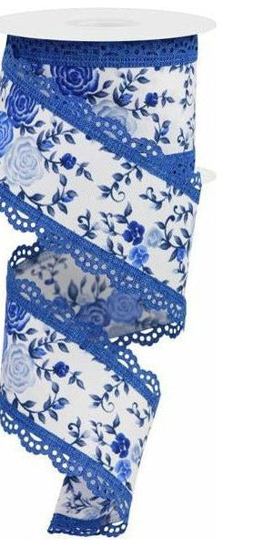 2.5" Mini Roses and Lace Ribbon: Blue (10 Yards) - Michelle's aDOORable Creations - Wired Edge Ribbon