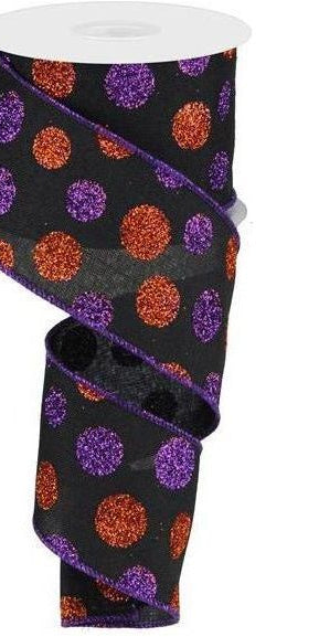 2.5" Multi Glitter Dots: Black, Purple and Orange (10 Yards) - Michelle's aDOORable Creations - Wired Edge Ribbon