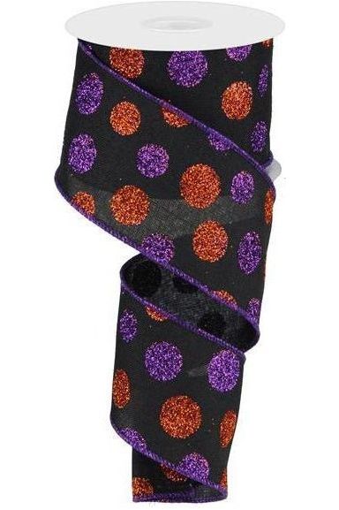 2.5" Multi Glitter Dots: Black, Purple and Orange (10 Yards) - Michelle's aDOORable Creations - Wired Edge Ribbon