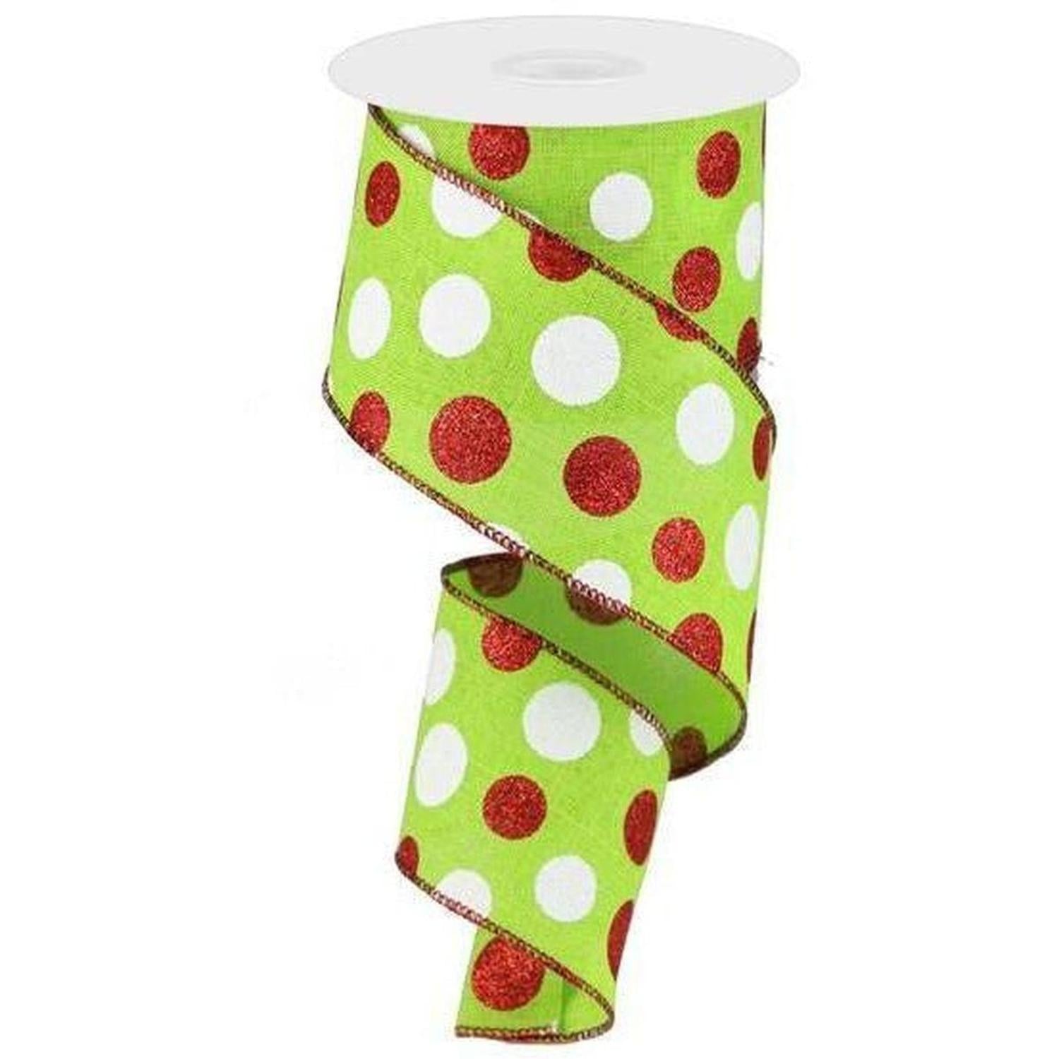 2.5" Multi Glitter Dots Ribbon: Lime Green, Red, White (10 Yards)