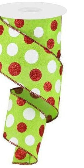 2.5" Multi Glitter Dots Ribbon: Lime Green, Red, White (10 Yards) - Michelle's aDOORable Creations - Wired Edge Ribbon