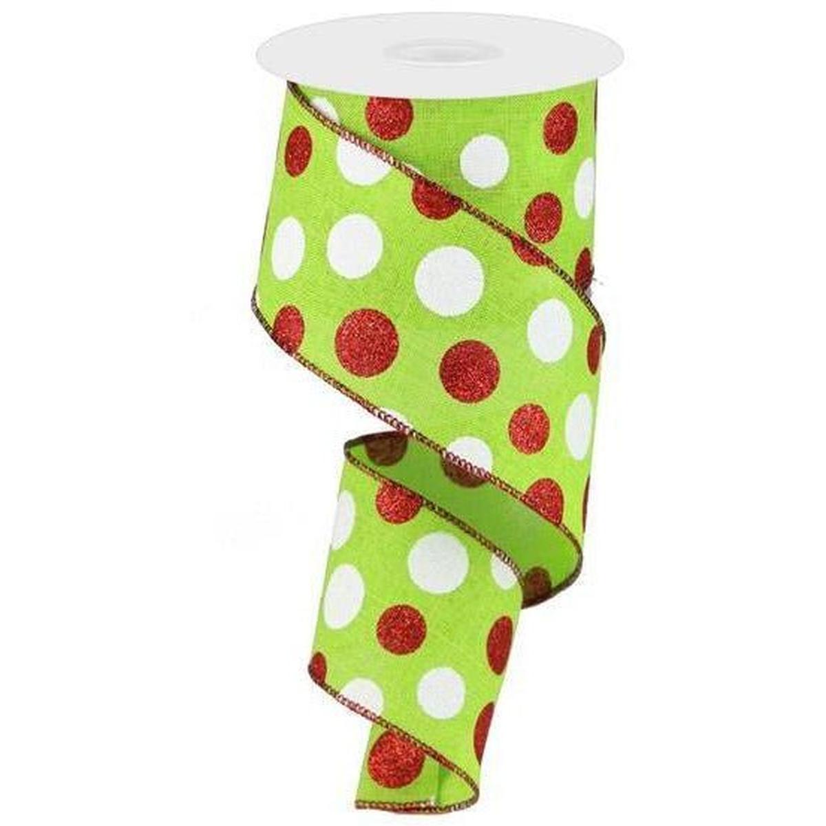 Shop For 2.5" Multi Glitter Dots Ribbon: Lime Green, Red, White (10 Yards) at Michelle's aDOORable Creations