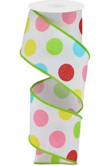 2.5" Multi Polka Dots on Royal Ribbon: White/Green (10 Yards) - Michelle's aDOORable Creations - Wired Edge Ribbon