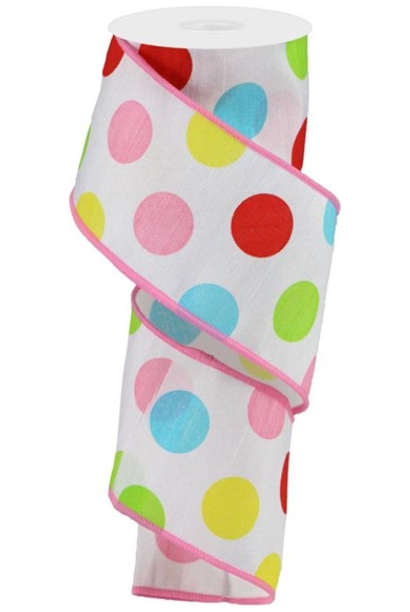 2.5" Multi Polka Dots on Royal Ribbon: White/Pink (10 Yards) - Michelle's aDOORable Creations - Wired Edge Ribbon