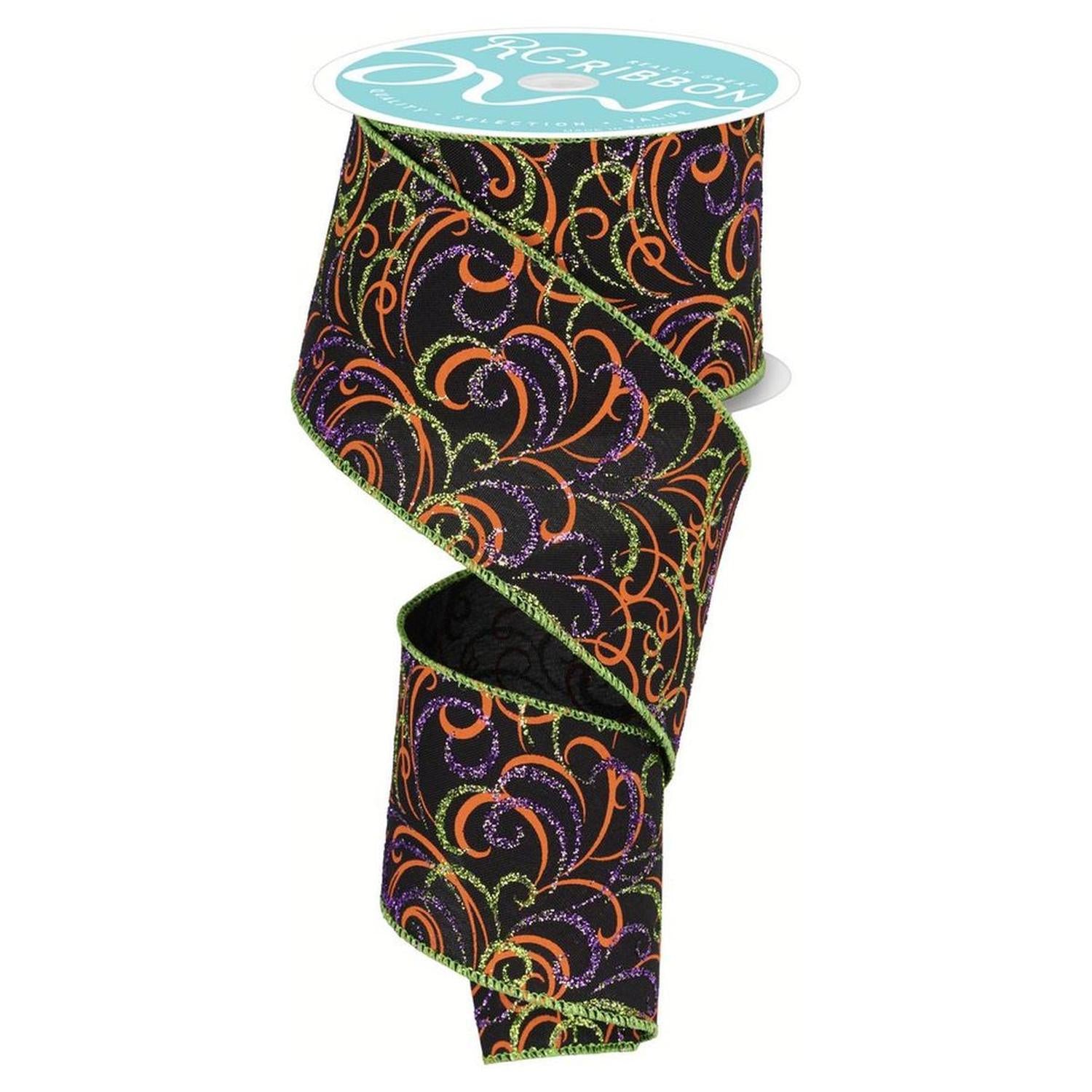 2.5" Multi Swirls Glitter Ribbon: Black/Orange/Purple/Lime (10 Yard)