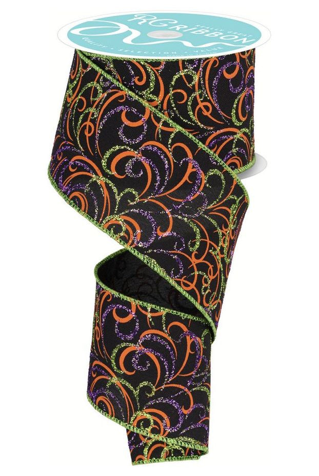 2.5" Multi Swirls Glitter Ribbon: Black/Orange/Purple/Lime (10 Yard) - Michelle's aDOORable Creations - Wired Edge Ribbon