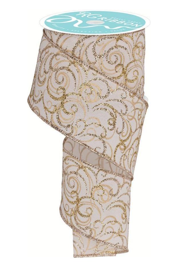 Shop For 2.5" Multi Swirls Glitter Ribbon: Cream/Gold (10 Yard) at Michelle's aDOORable Creations