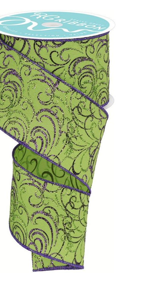 2.5" Multi Swirls Glitter Ribbon: Lime Green/Purple (10 Yard) - Michelle's aDOORable Creations - Wired Edge Ribbon
