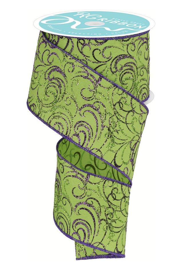 2.5" Multi Swirls Glitter Ribbon: Lime Green/Purple (10 Yard) - Michelle's aDOORable Creations - Wired Edge Ribbon