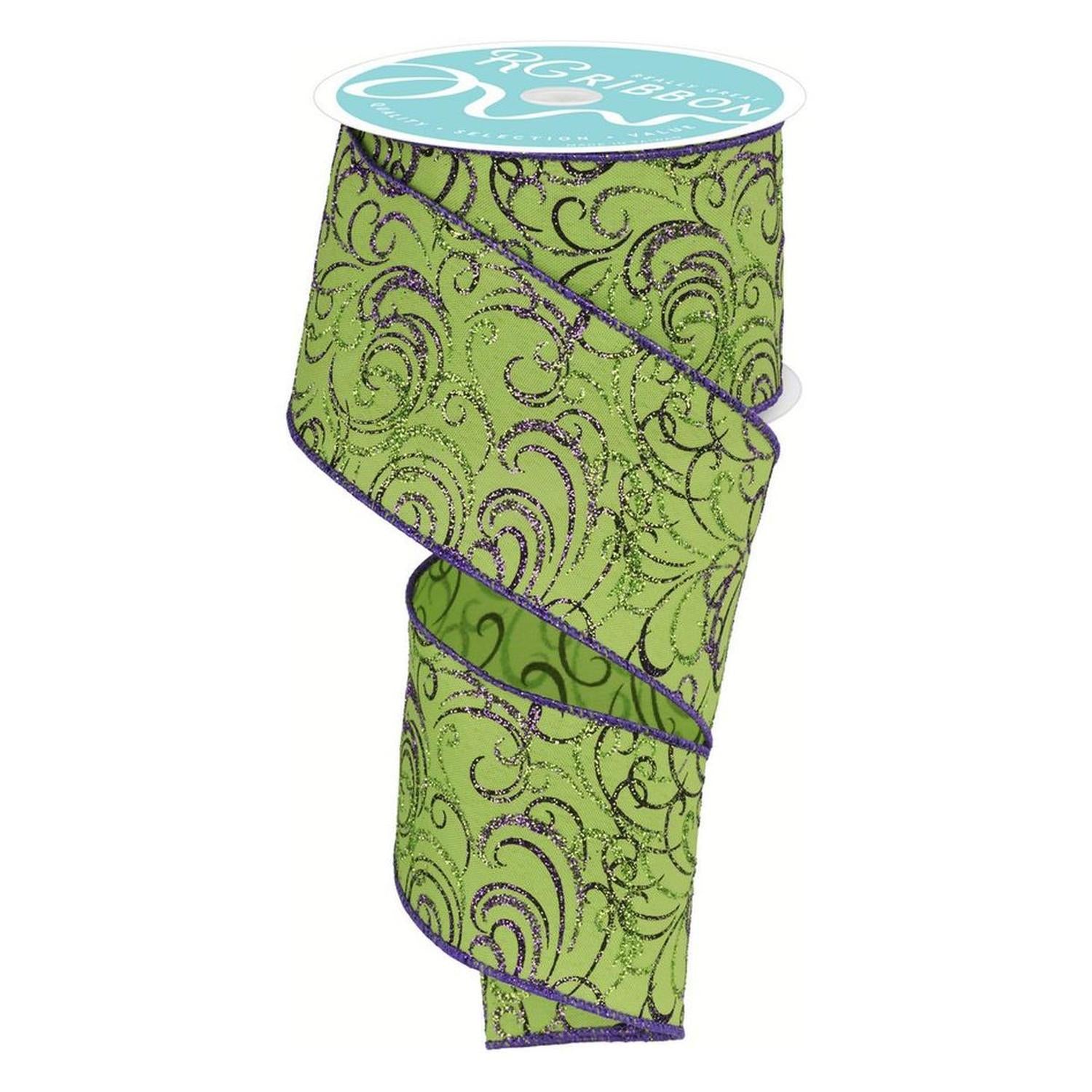 Shop For 2.5" Multi Swirls Glitter Ribbon: Lime Green/Purple (10 Yard) at Michelle's aDOORable Creations