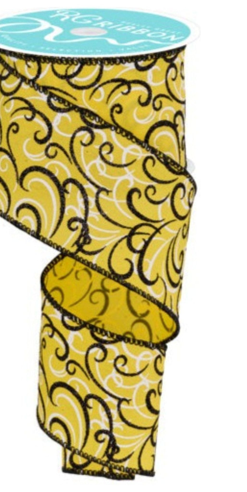 2.5" Multi Swirls Glitter Ribbon: Yellow/Black (10 Yard) - Michelle's aDOORable Creations - Wired Edge Ribbon