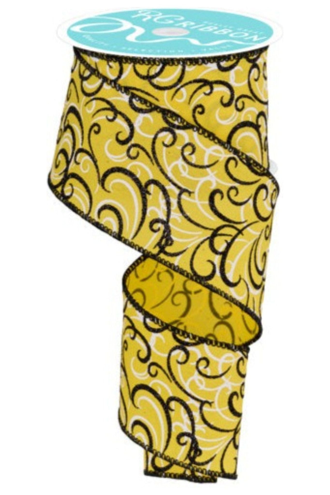 2.5" Multi Swirls Glitter Ribbon: Yellow/Black (10 Yard) - Michelle's aDOORable Creations - Wired Edge Ribbon