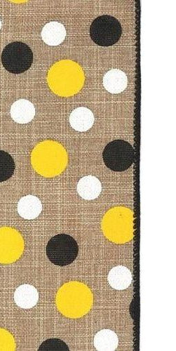 2.5" Natural Canvas Ribbon: Black, Yellow, White Dots (10 Yards) - Michelle's aDOORable Creations - Wired Edge Ribbon