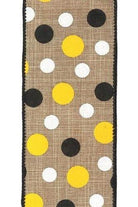 2.5" Natural Canvas Ribbon: Black, Yellow, White Dots (10 Yards) - Michelle's aDOORable Creations - Wired Edge Ribbon