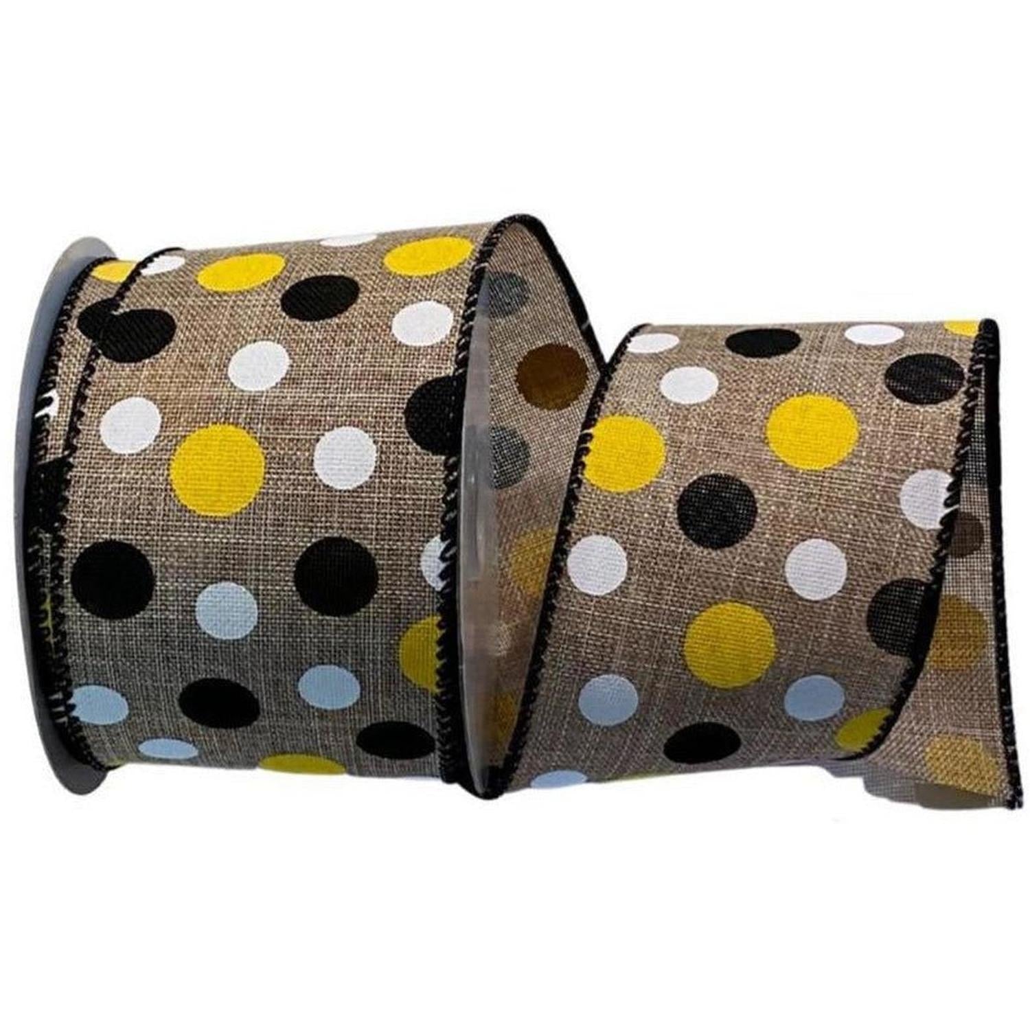 2.5" Natural Canvas Ribbon: Black, Yellow, White Dots (10 Yards)