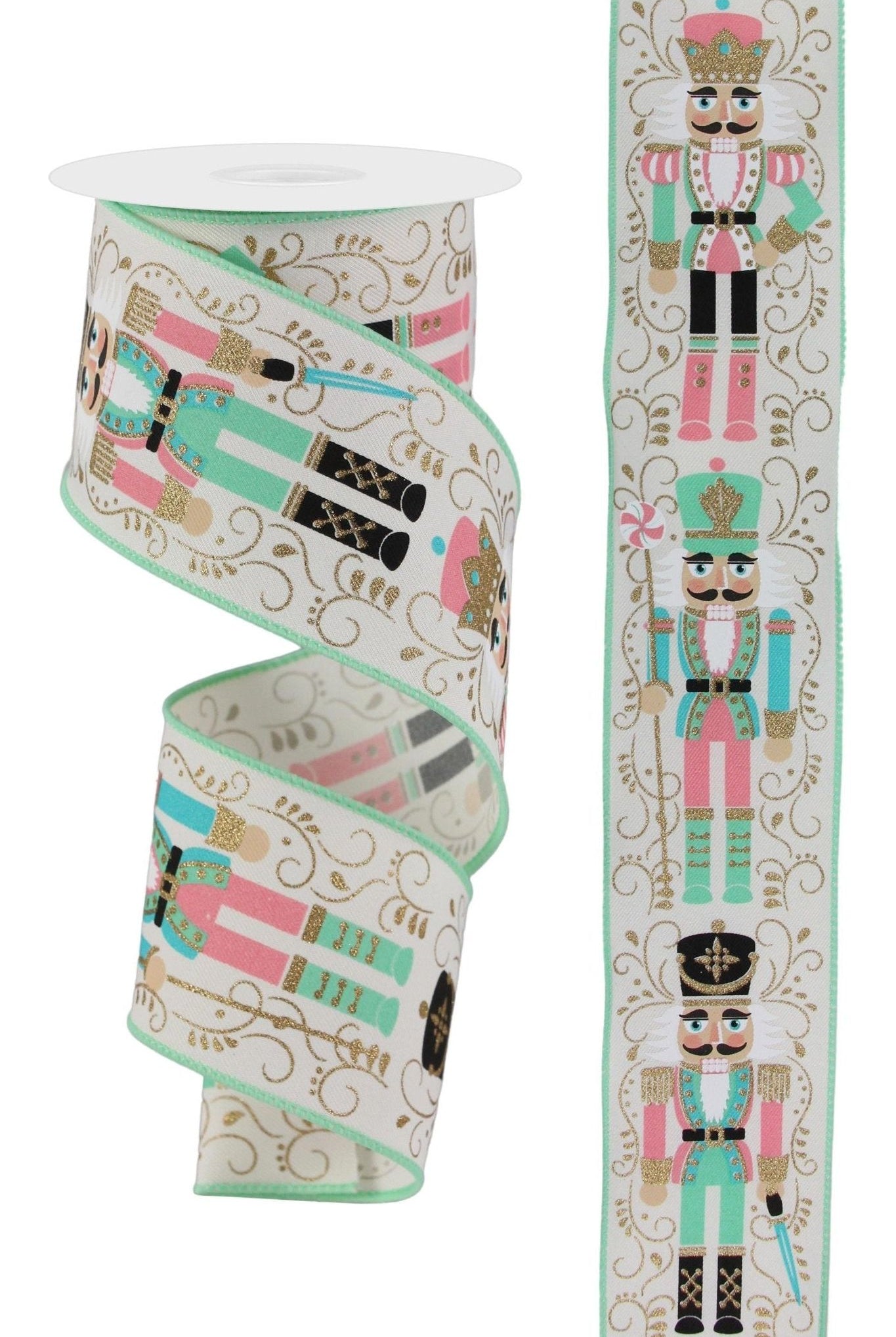 2.5" Nutcracker Ribbon: Ivory/Mint Green (10 Yards) - Michelle's aDOORable Creations - Wired Edge Ribbon
