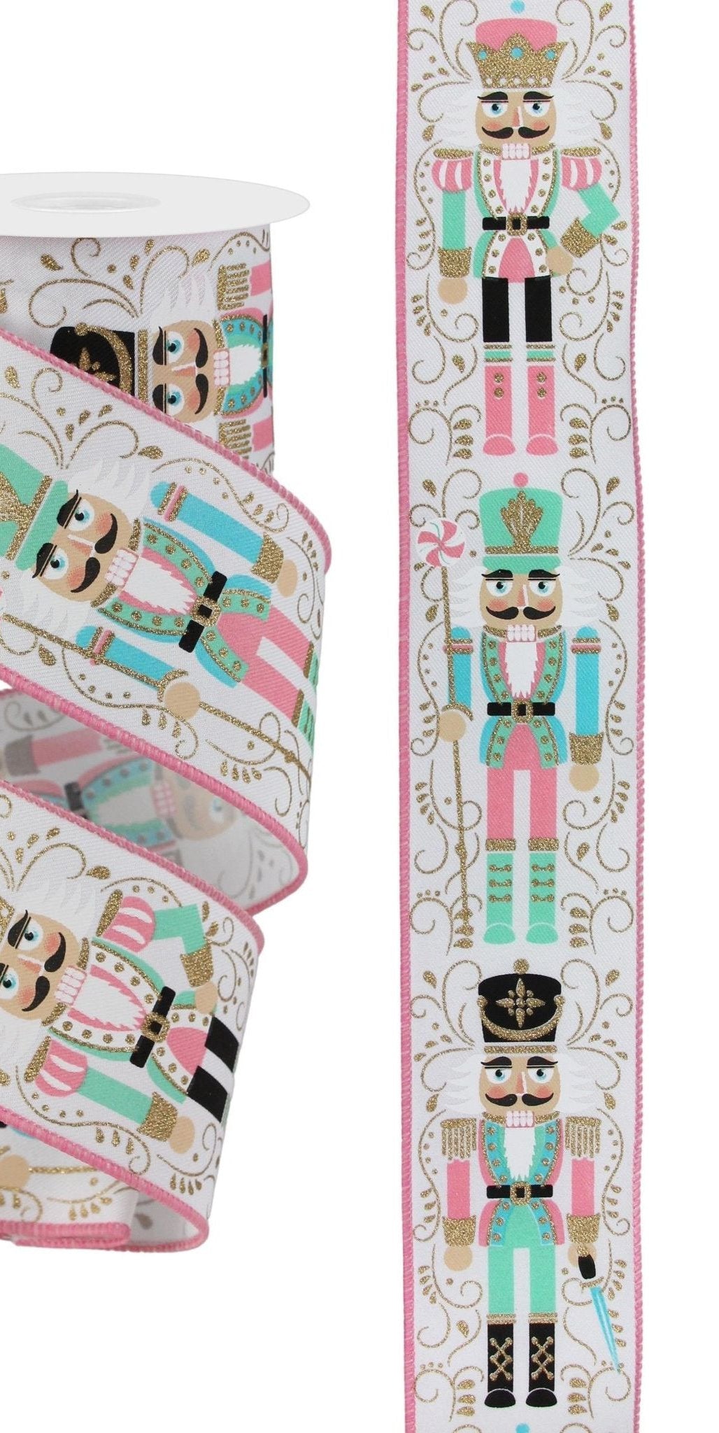 2.5" Nutcracker Ribbon: White/Pink (10 Yards) - Michelle's aDOORable Creations - Wired Edge Ribbon