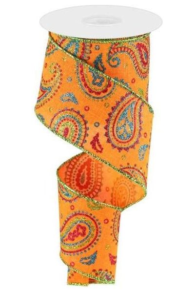 2.5" Paisley on Royal Ribbon: Orange (10 Yards) - Michelle's aDOORable Creations - Wired Edge Ribbon