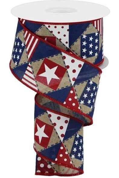 2.5" Patriotic Patchwork Royal Ribbon: Natural (10 Yards) - Michelle's aDOORable Creations - Wired Edge Ribbon