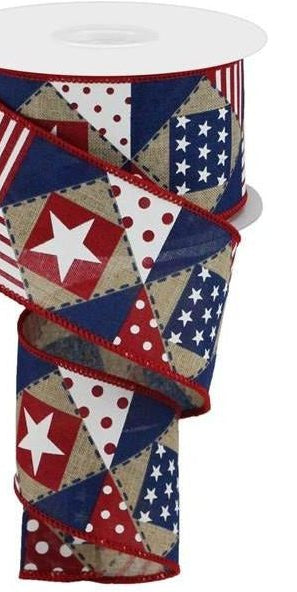 2.5" Patriotic Patchwork Royal Ribbon: Natural (10 Yards) - Michelle's aDOORable Creations - Wired Edge Ribbon