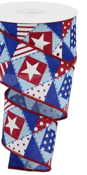 2.5" Patriotic Patchwork Royal Ribbon: Pale Blue (10 Yards) - Michelle's aDOORable Creations - Wired Edge Ribbon