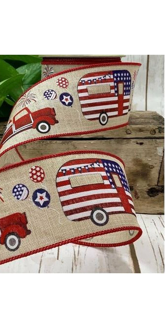 2.5" Patriotic Truck Camper Ribbon: Natural (10 Yards) - Michelle's aDOORable Creations - Wired Edge Ribbon