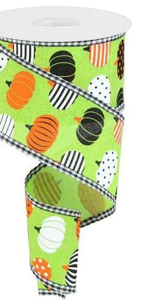 2.5" Pattern Pumpkins Gingham Ribbon: Lime Green (10 Yards) - Michelle's aDOORable Creations - Wired Edge Ribbon