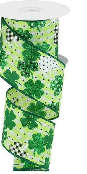 2.5" Pattern Shamrock Ribbon: Lime Green (10 Yards) - Michelle's aDOORable Creations - Wired Edge Ribbon
