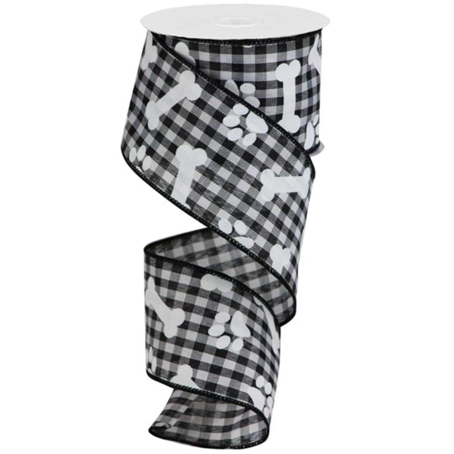 2.5" Paw Print Bone Check Ribbon: Black/White (10 Yards)