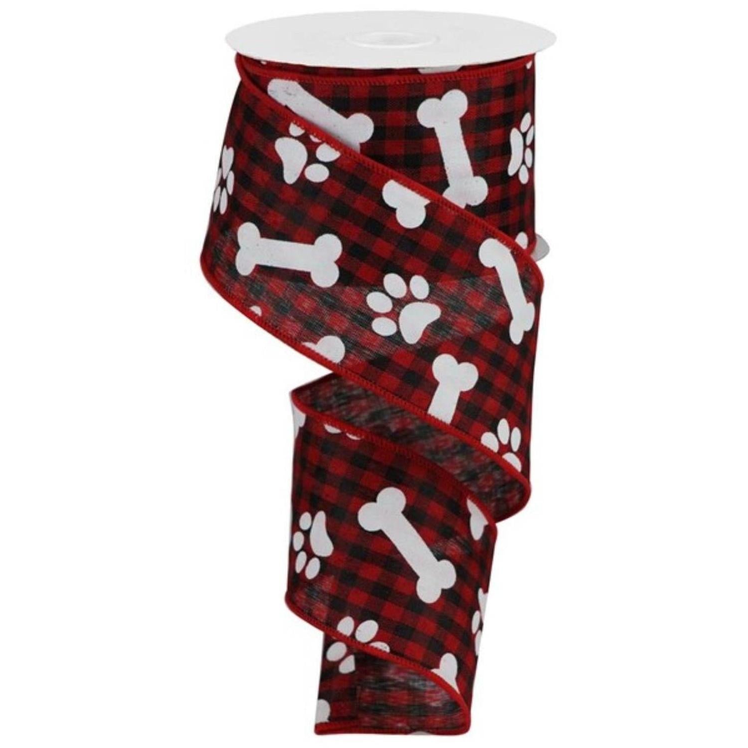 2.5" Paw Print Bone Check Ribbon: Red/Black (10 Yards)