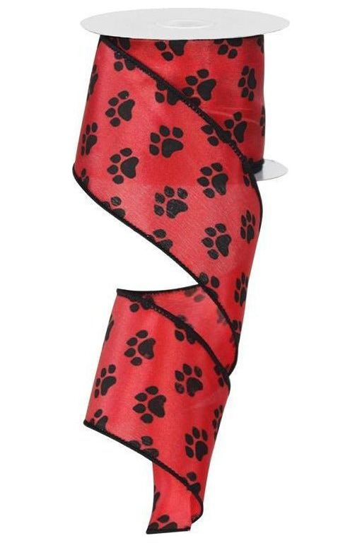2.5" Paw Print Ribbon: Black & Red (10 Yards) - Michelle's aDOORable Creations - Wired Edge Ribbon
